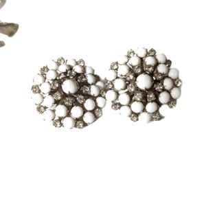 Milk Glass Rhinestone Vintage Clip On Earrings